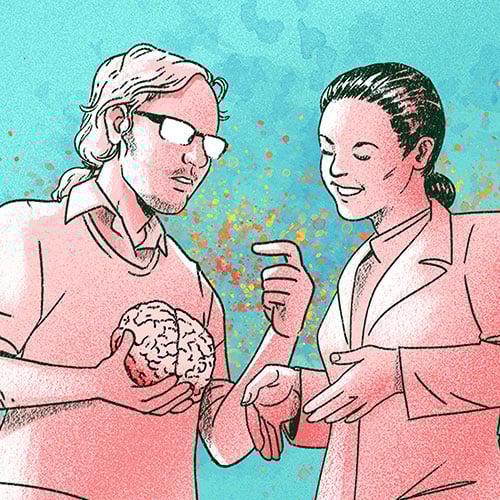 Illustration of Ivan Marazzi in discussion with a colleague 