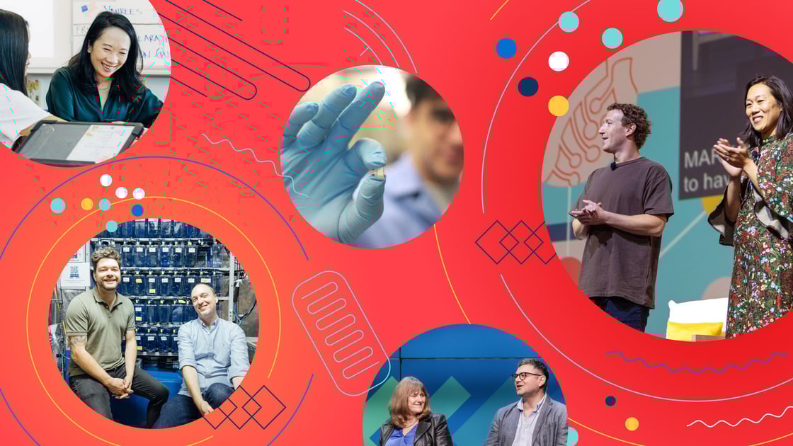 Collage of photos of scientists in a lab, an educator and people standing and clapping.