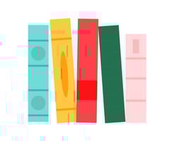 Illustrated blue, yellow, red, green and pink books.