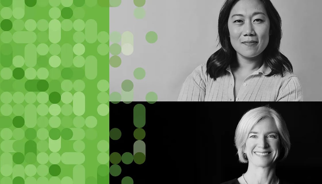 Split-screen image of Priscilla Chan and Jennifer Doudna in black and white, overlaid with a green abstract pattern of circles and pill shapes on the left.