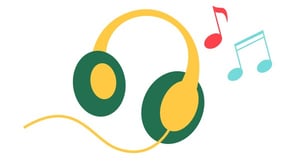 Illustrated yellow and green headphones with music notes.