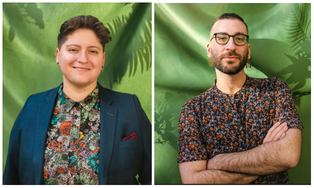 [Left] A photograph of a white queer person with short brown hair in a dapper navy suit jacket, a floral shirt, and maroon pocket square. They are smiling in front of a flowy green backdrop with shadows of plants. [Right] A queer, genderqueer, Arab artist and activist with glasses, a trim beard and a crew cut. They are wearing a floral top and gold dangle earrings. They are standing confidently in front of a flowy green backdrop with shadows of plants. Headshots by Andrea Arevalo.