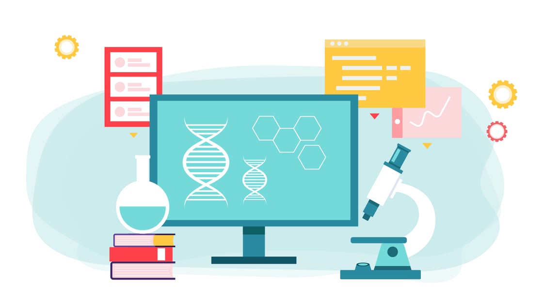 Illustration showing technology tools including a computer, microscope, books, and a beaker. 